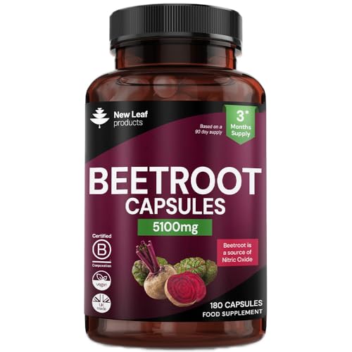 Beetroot Capsules 5000mg - High Strength Beetroot Supplement 180 Vegan Capsules - Nitric Oxide - Enriched with Black Pepper Made in The UK by New Leaf