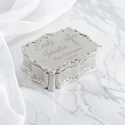 Cherished Moments Personalized Small Rectangle-Shaped Jewelry Box with Custom Engraved Name and Cross for First Communion Gift, Silver Toned