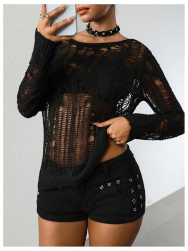 Image of RoseSeek Women's Plus Size Y2K Cut Out Long Sleeve Punk Grunge Knit Sweater