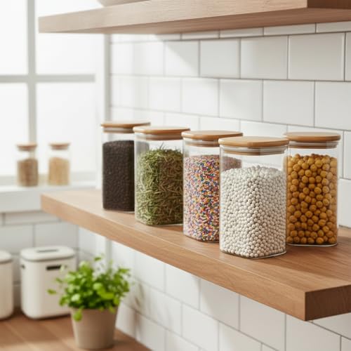 Image of ginoya brothers Airtight Borosilicate Glass Square Jar With Wooden Or Steel Lid Multi-Size, Container for Spices, Coffee, Grains, Snacks & Kitchen Organization (4, WOODEN LID, 420 ML)