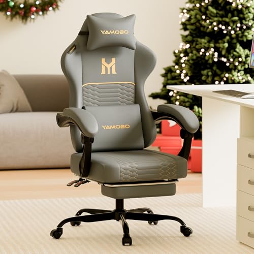 Image of Gaming Chair with Footrest, Ergonomic Video Game Chair with Adjustable Lumbar and Headrest Massage Support,PU Leather High Back Recliner Comfortable for Office, Game and Study, Grey