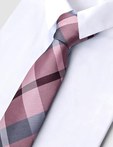 Image of Barry.Wang Plaid Ties Mens Silk Necktie and Tie Clip Checkered Tie for Wedding Party Business Formal