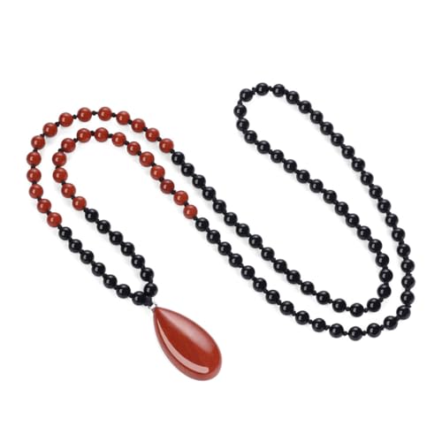 COAI Collar Rosario Unisex, Japa Mala 108 Cuentas de Ónix y Ágata Roja Anudadas a Mano y Colgante de ÁgataRoja, Collar Gota de Agua Mujer