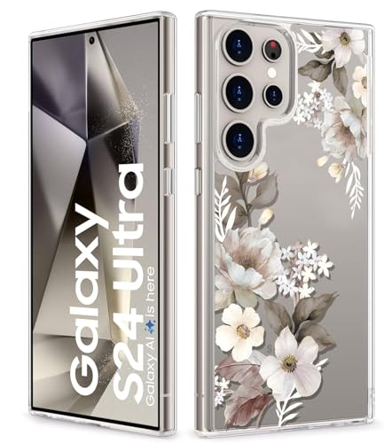 Image of Elzzi Clear Transparent Case for Samsung S24 Ultra Cover Shockproof Floral Design Full Camera Protection Shockproof PC+TPU Covers Transparent Flower Cover for Girls & Women 2024 6.8 inch (Grey)