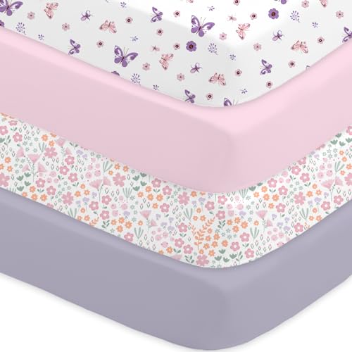 Image of Little Grape Land Crib Sheets 4 Pack, Microfiber Fitted Crib Sheet for Standard Crib Mattress 52 inchx28 inchx8 inch, Soft and Neutral Baby Crib Sheets for Boys and Girls, Breathable & Easy Care, Pastel Meadow