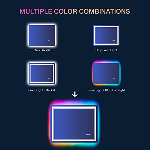 40x32 inch LED Bathroom Mirror with RGB Lights Color Changing Backlit Mirror Shatterproof Dimmable Anti-Fog Lighted Vanity Mirror (RGB Multicolor Backlit + Adjustable Front-Lighted)