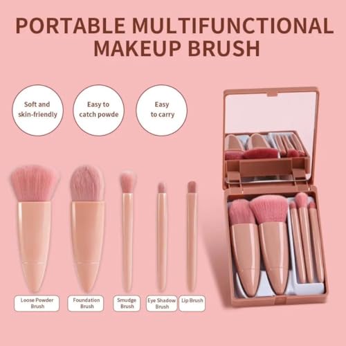 Image of UCRAVO 5-in-1 Small Mini Makeup Brush Kit with Mirror - Compact Travel Cosmetic Set for Face, Eyeshadow, Blush, Powder & Lip Application - Portable Makeup Brush Kit for Women, Teens & Beginners