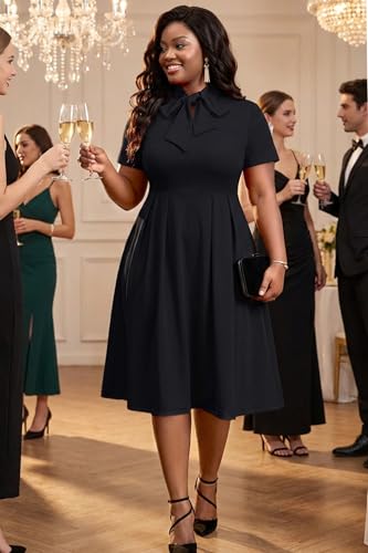 Image of FANDEE Midi Dress for Women Casual Short Sleeve A-line Semi Formal Fit and Flare Dress Classy Tie Neck Work Business Dresses