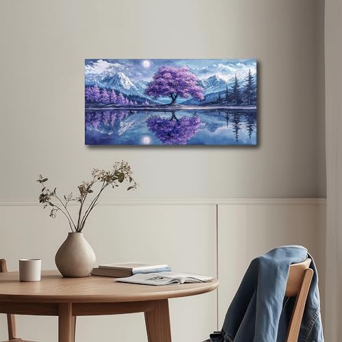 SERIMINO Tree of Life Large Wall Art for Living Room, Fantasy Landscape Canvas Prints, Snow Mountain Lake Pictures, Purple Tree Paintings Wall Decor for Bedroom, Office Decor 24"X48"