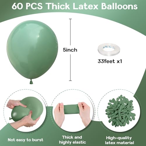 Image of Jobkoo Sage Green Balloons 5 Inch, 60 Pcs Small Eucalyptus Olive Vintage Green Balloon 5'', Mini Matte Dusty Dark Avocado Green Latex Balloons for Birthday Boho Baby Shower Wedding Party Decorations