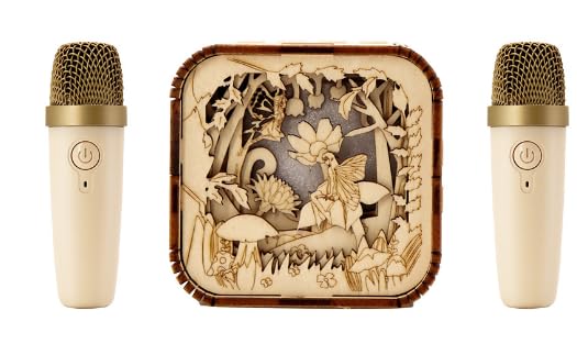 Karaoke Machine Wooden for Kids Adults, Mini Portable Bluetooth Karaoke Speaker with 2 Wireless Microphone and Lights, Support AUX/TF, Gift for Birthday, Family, Home Party and Toys for Girls/Boys