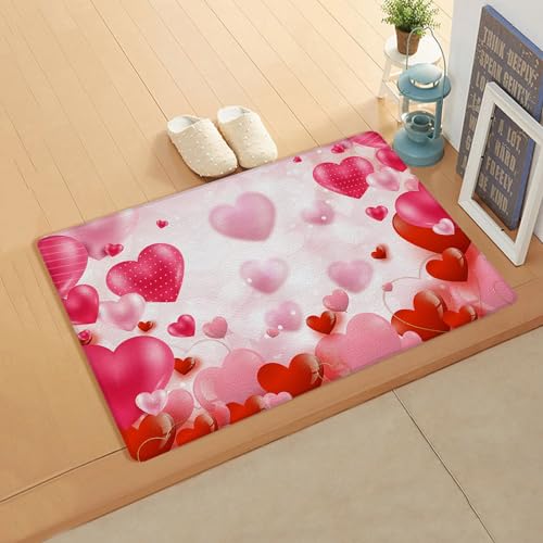 Watercolor Heart Kitchen Bath Door Mat Cushioned Runner Rug,Washable Welcome Floor Sink Antifatigue Mat,Waterproof & Non-Slip Comfort Standing Doormat,Valentine's Day Gradient Love Red Pink 20