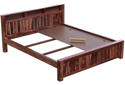 Image of Sheesham Wood Bed Without Storage Solid Wooden Cot Bed Elegant and Functional Bedroom Living Room Home (Walnut Finish, King)