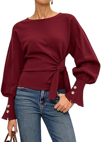 Twist Knot Tie Front Sweatshirt Tops For Women Long Balloon Sleev...