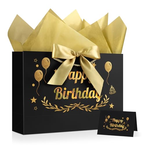 Image of JMANNI Black Gold Happy Birthday Gift Bag with Card and Tissue Paper, 14.2 inchx9.84 inchx4.3 inch Large Present Bag for Men Women, Year Old Birthday Keepsake Party Supplies
