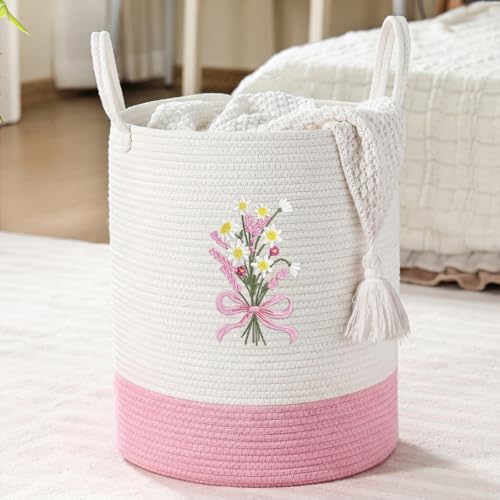 Image of Honeydak Pink Bow Cotton Rope Laundry Basket Hamper, Flower