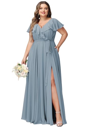Raseal Women's Plus Size V Neck Bridesmaid Dresses with Pockets Ruffle Chiffon Slit Formal Evening Maxi Dress with Belt RS016