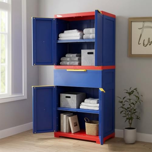 Image of Nilkamal Freedom FMDR1CE Plastic Wardrobe for Storage|3-Year Warranty|Clothes Cupboard with Shelves & Utility Drawer|Almirah for Home, Living Room, Bed Room| Adults & Kids|Pepsi Blue /Bright Red /Yellow