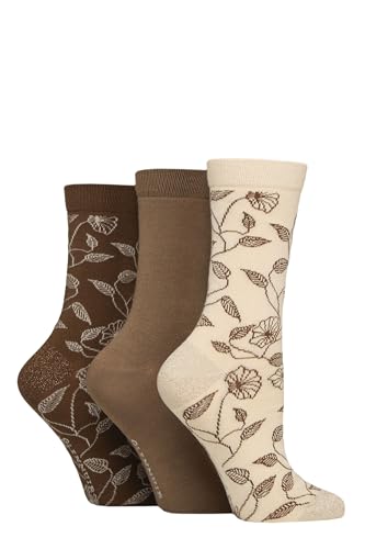 Glenmuir Women's Gift Boxed Socks - Patterned Animal Print, Floral, Soft, Breathable & Cooling Bamboo in Christmas Box 3 Pair Multipack Size 4-8 Beige/Brown Floral