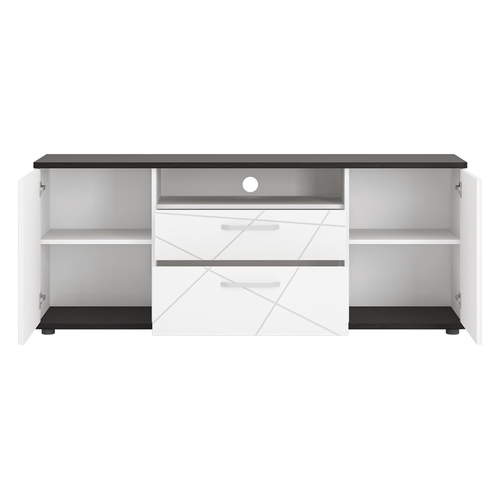 Lomadox Wohnwand Wohnmöbel Set weiß 5-teilig Modern, 1 Vitrine, 1 Wandboard, 1 Lowboard, 1 Highboard, 1 Couchtisch inkl. Beleuchtung