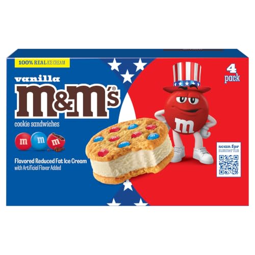 M&M'S Vanilla Ice Cream Cookie Sandwiches, Reduced Fat Vanilla Ice Cream Dessert Cookie Sandwich, 4 Pack, 4 Oz