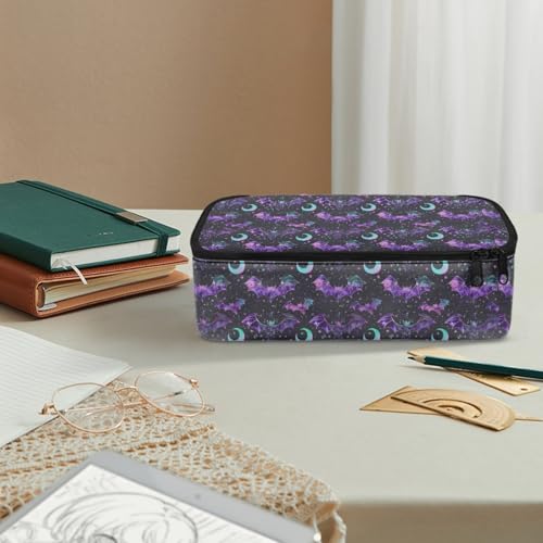 Image of Bat Star Moon Pencil Case for Kids Halloween Large Pencil Pouch for 3-16 Years Boys Girls Pencil Organizer for Children Personalized Pencil Bag with Mesh Pocket and Protable Handle