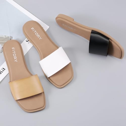 Image of FITORY Women's Slide Sandals Fashion Square Open Toe with Cushioned Footbed Slippers for Beach Size 6 White