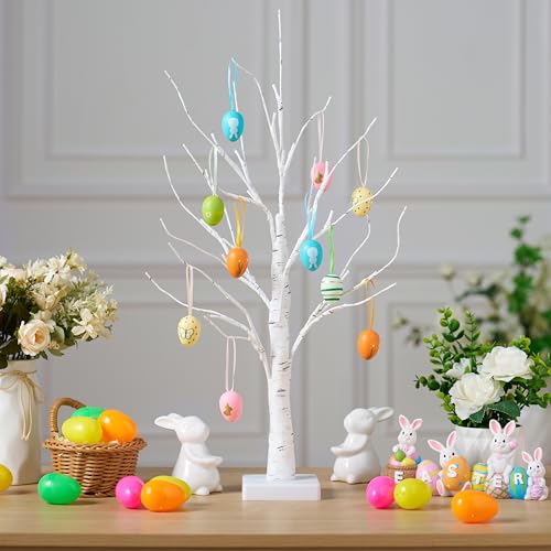 JOYIN Easter Table Tree with Lights 60cm White Tree Decorations with 10 Various Eggs Twig Lights for Easter Egg Decorations Home Gifts