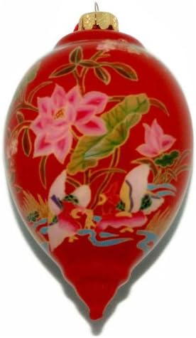 Hand Painted Glass Ornament, Teardrop Shape, Red with Bouquet CO-1004