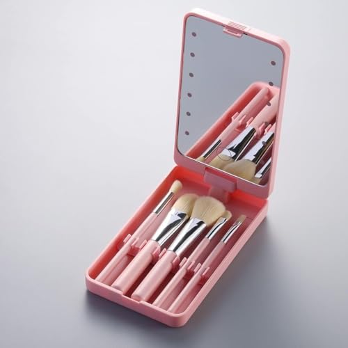 Image of PRIME PICK Glow Pro Vanity Mirror 2 in 1 Rotatable Makeup Mirror LED Light Dimmable Touch Control with 5 Makeup Brushes Portable Travel Beauty Mirror for Women Pink
