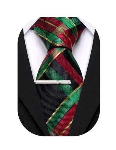 Image of Barry.Wang Plaid Ties Mens Silk Necktie and Tie Clip Checkered Tie for Wedding Party Business Formal