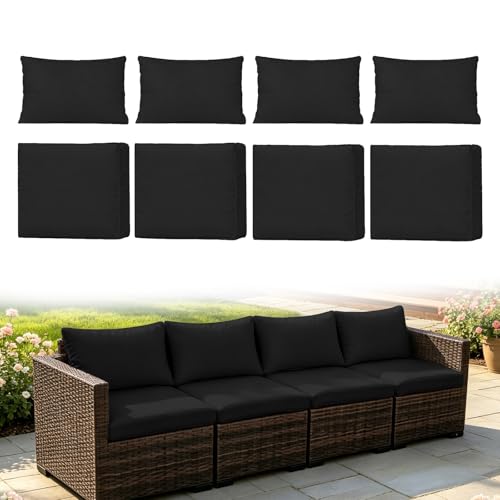 8Pcs Outdoor Patio Cushion Cover Replacement, Waterproof Patio Cushion Covers, Washable Outdoor Couch Cushion Covers with Zippers, Slipcovers Sofa Chair for Patio Furniture(Black, Cover Only)