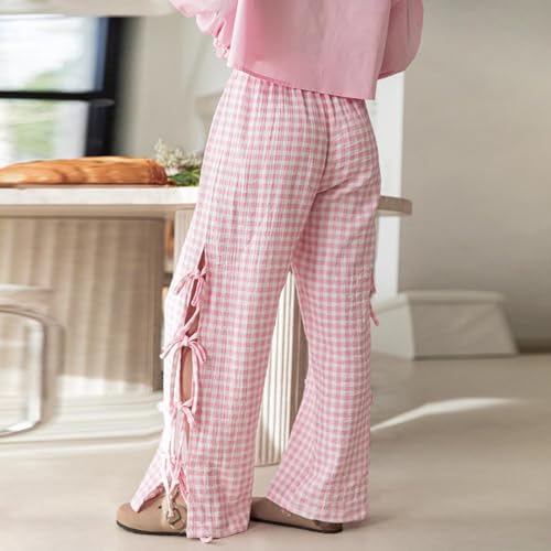 Image of Y2K Gingham Pants for Women Bow Tie Side Slit Wide Leg Lounge Bottom Plaid Checkered Loose Fit Going Out Pants