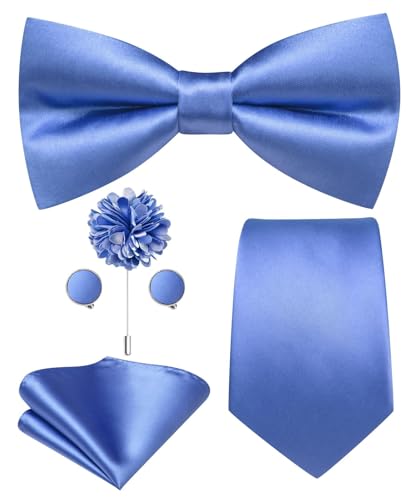 Image of Hi-Tie 5Pcs Mens Solid Color Silk Tie Satin Pretied Bowtie Lapel Pin for Men Handkerchief Cufflink Wedding Gift Box