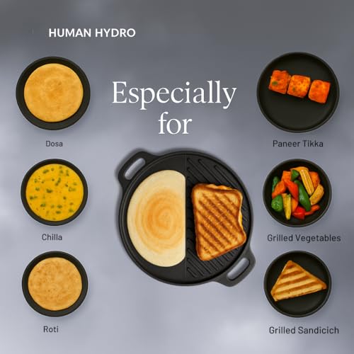 Image of Human Hydro Himalayan Stone Grill Tawa (30CM, 2-in-1) with Wooden Spatula | Iron-Rich Natural Stone | Reversible Flat & Grill Surface | Toxin-Free, Gas Compatible Traditional Cookware