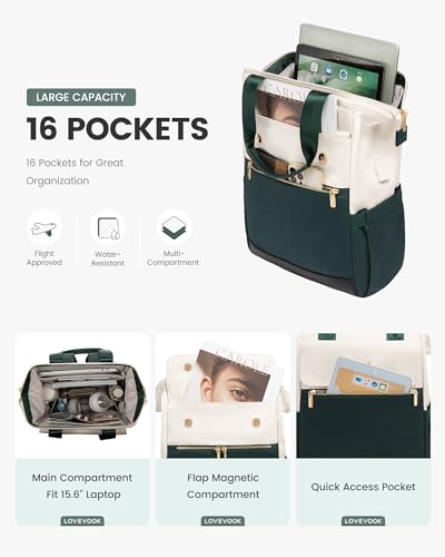 Image of LOVEVOOK Laptop Backpack for Women, 15.6 Inch Work Laptop Bag with USB Port, Fashion Teacher Nurse Backpack Purse, Waterproof Travel Computer Backpack with Organizer Bag, 2PCS, Beige-Green