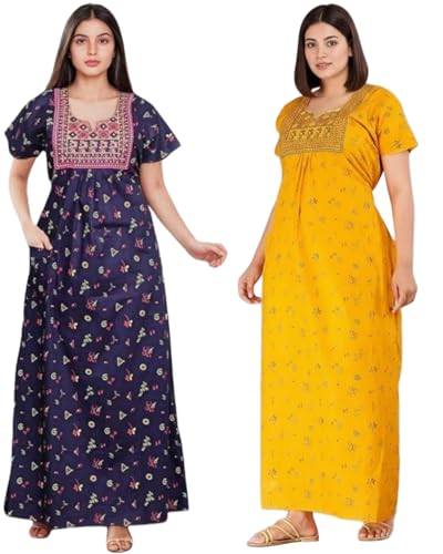 Image of NILOUFO Women's Cotton Jaipuri Nighty Gown - Pack of 2 Rajasthani Print Night Dresses | Maxi Sleepwear with Pocket | Soft Embroidered Loungewear for Ladies