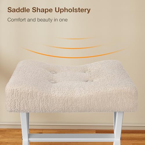 Image of Memobarco 18-Inch Large Vanity Stool Chair, Vanity Bench with Metal X-Legs, Ottoman Accent Stool with Breathable and Soft Boucle Fabric Saddle Seat, Beige