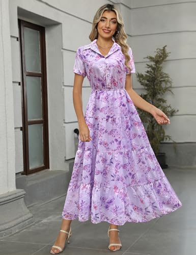 Image of Kranda Women 2026 Summer Collared V Neck Short Sleeve Button Down Chiffon Long Tiered Floral Maxi Dress with Pockets