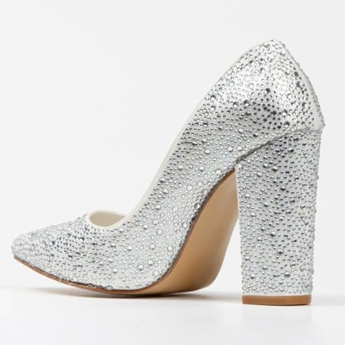 FSJ Women Luxury Pearl Studded Pointed Toe Pumps Chunky Block High Heel Sparkly Rhinestone Embellished Slip On Wedding Party Formal Event Shoes Size 4-16 US3