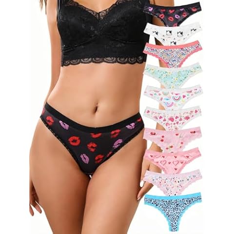 Morvia 10pcs Allover Print Lace Trim Thongs Cute Floral & Heart & Red Lips & Leopard & Cartoon Cheeries & Cats Print (US, Alpha, Medium, Regular, Regular, 10pcs Allover Print) Cover