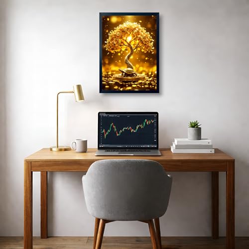 Image of ARTFUL TOY BOX - Golden Money Tree with Feng Shui Turtle Photo Frame Wall Art for Home Decor | Wealth Growth, Stability & Prosperity Vastu & Feng Shui Wall Decor | HD Glossy Print | Premium Fiber Black Frame - 12x18 Inch (30x45 cm) (Design 3)