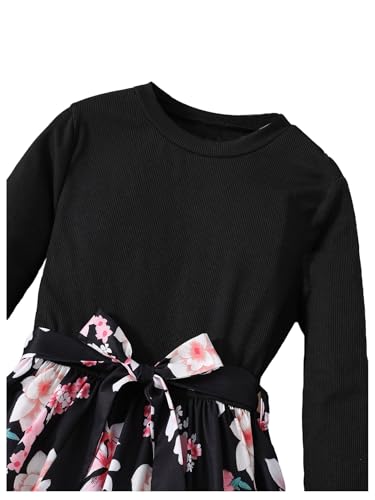 MakeMeChic Girl's Floral Print Long Sleeve Flared Midi Dress Crew Neck Belted Dresses3