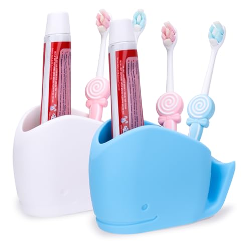 2Pcs Cute Kids Whale Toothbrush Holder, Toddler Fun Ocean Animal Toothbrush Organizer, Blue and White, Silicone Whale Bathroom Decor
