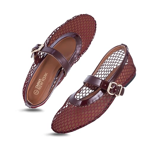 Image of EMMA NEW YORK Mesh Ballet Flats for Women, Mary Jane Mesh Ballet Flats Shoes for Women with Buckle Strap