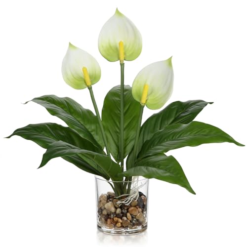 Briful Künstliche Anthurie Blumen im Glas Vase mit Kieselsteinen & Kunstwasser – 39cm hoch – Deko Pflanze für Wohnzimmer, Büro, Bad – Kunstblume in Weiß, Rot – Dekoblumen