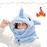 Winter Warm Wind-Resistant Hood Face Mask, Sherpa Hood Ski Mask, Women Cute Cartoon Thick Hat, Shark Hat (US, Alpha, One Size, Blue)