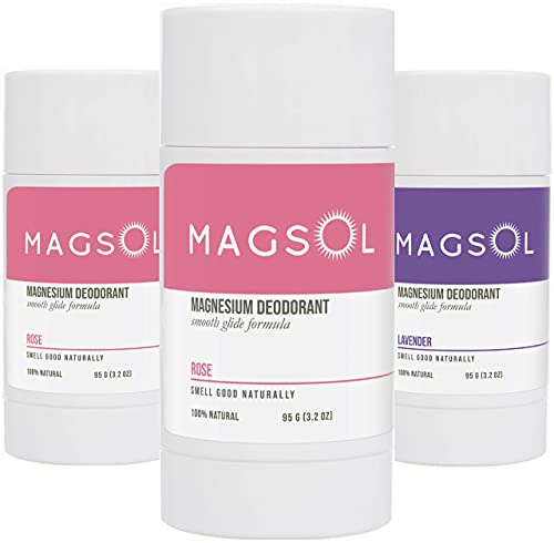 MAGSOL Natural Deodorant for Women & Men - 3 Pack - Womens Deodorant with Magnesium - Perfect for Ultra Sensitive Skin, Aluminum Free Deodorant for Women, Baking Soda Free (2 Rose & 1 Lavender)