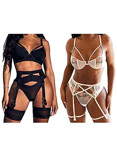 Kaei&Shi Embroidered 3 Piece Lingerie for Women(White - Small)&Garter Belt Strappy Lingerie for Women(Black - Small).