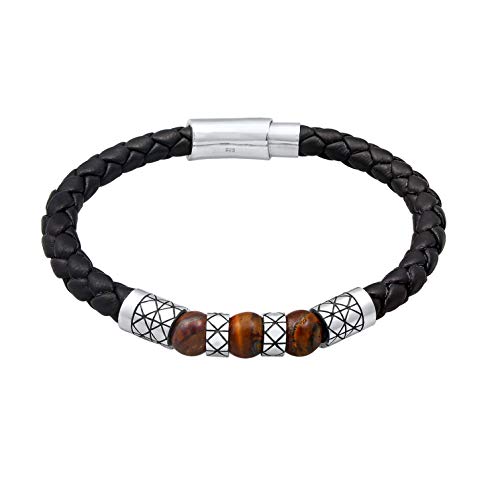kuzzoi Men Bracelet Leather Braided Black Tiger-Eye Gemstone Beads Made of 925 Sterling Silver, Length 7,48 inch - 9,05 inch, Width 0,31 inch, 0.81 oz